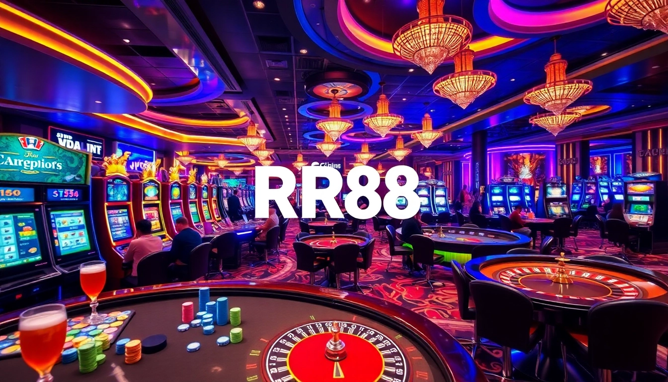 Players enjoying casino games at RR88, surrounded by vibrant slot machines and roulette tables.