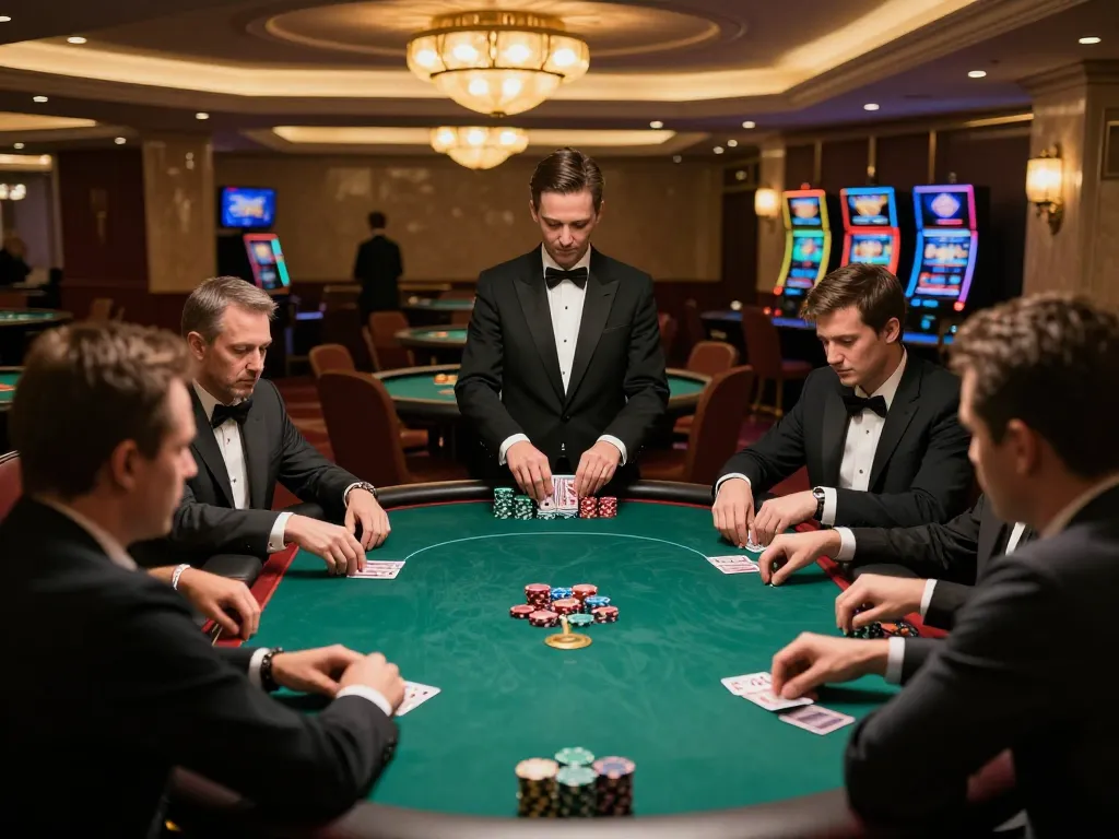Players engage in intense poker action at cm88com, surrounded by an elegant casino atmosphere