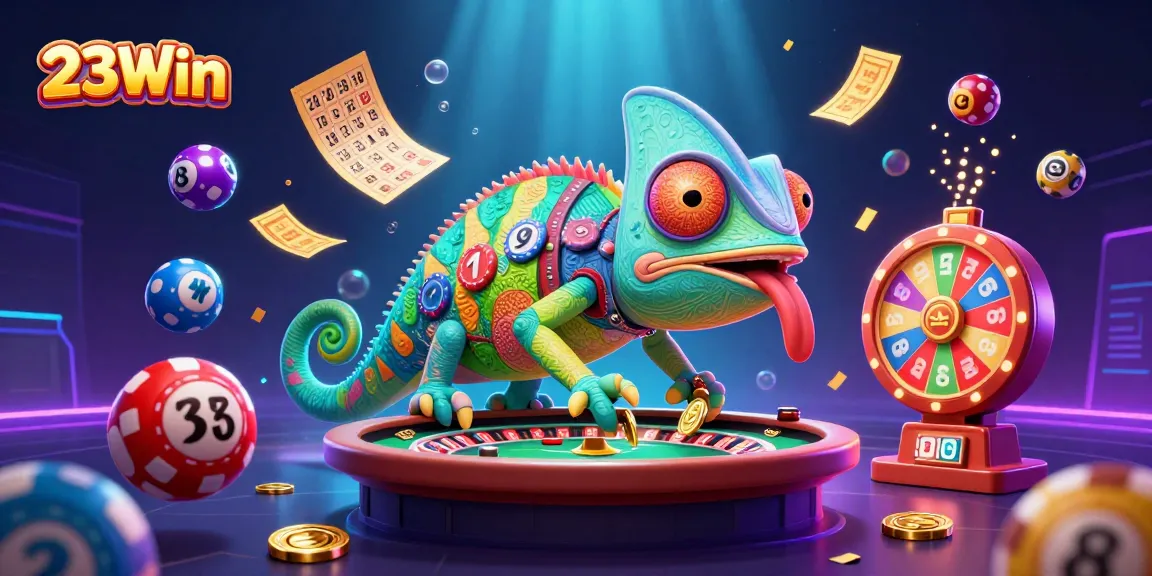 Engaging 23Win casino scene with colorful lottery balls and a chameleon owner collecting winnings.