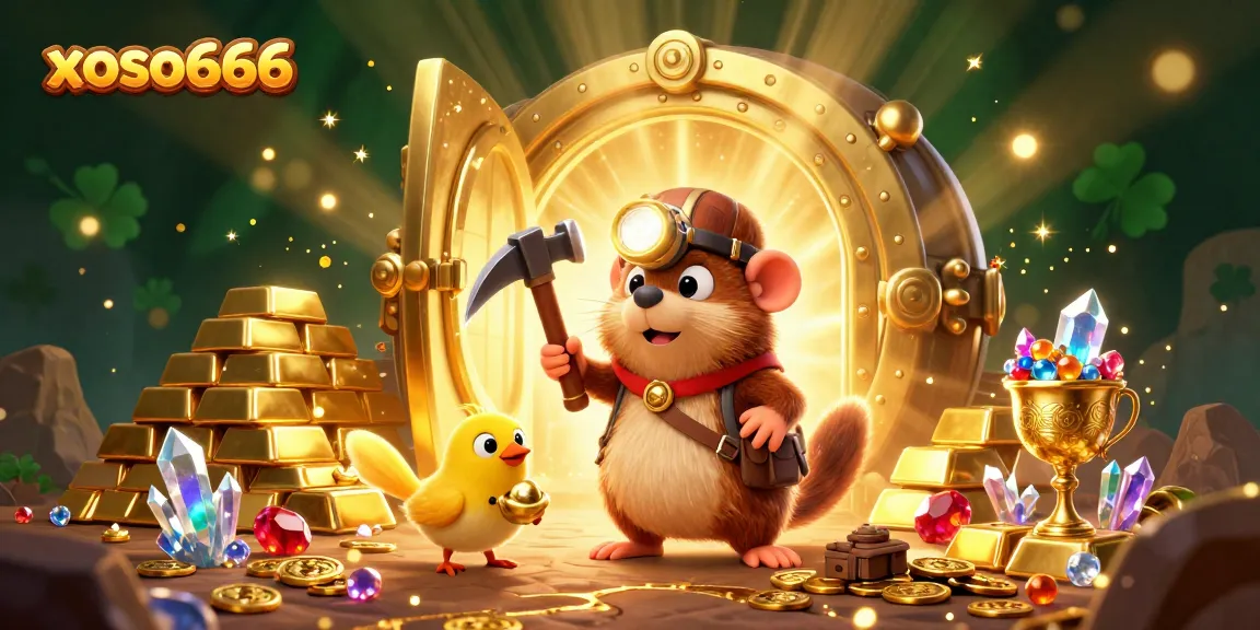 Discover thrilling prizes at xoso666 with a vibrant treasure hunt themed casino illustration.