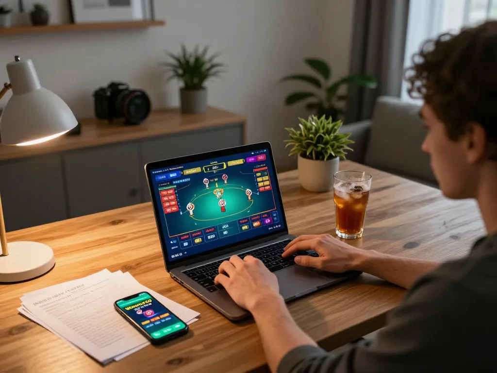 Player engaging with winstrike69 online poker game at home, showcasing lively gameplay and strategic notes.
