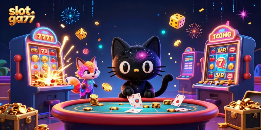 Menang di slot gacor 777, kucing hitam galaksi dan rubah nebula di meja kasino.