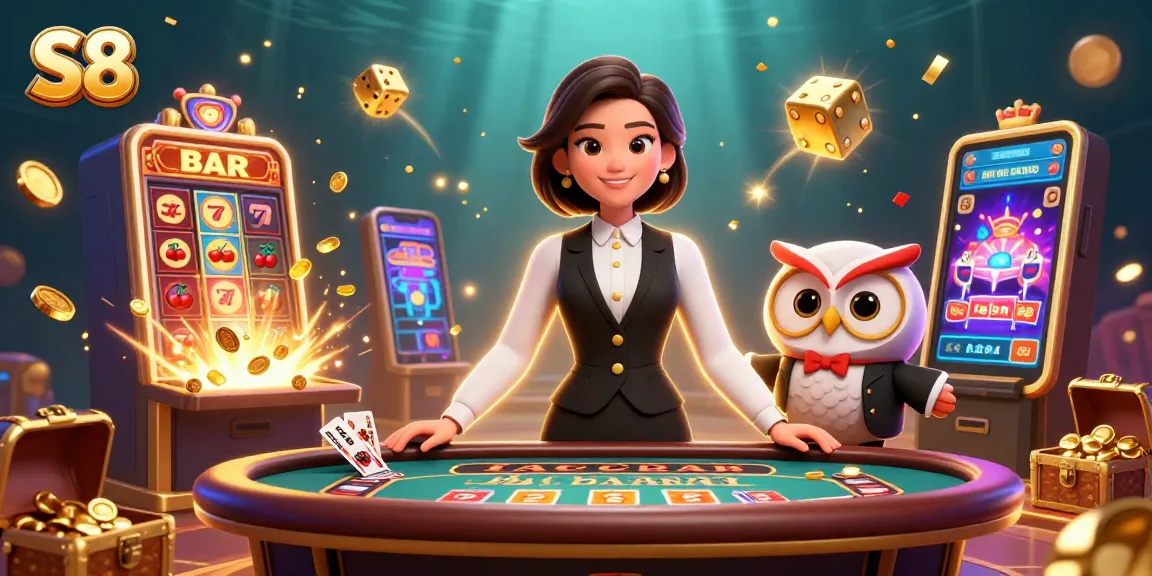 S8 casino excitement illustrated with dealers and slot machines bursting with rewards.
