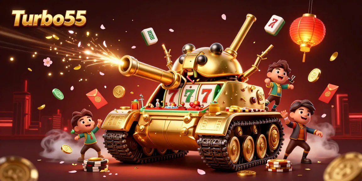 Turbo55 captures a vibrant casino experience with a golden beetle tank and lively gaming elements.