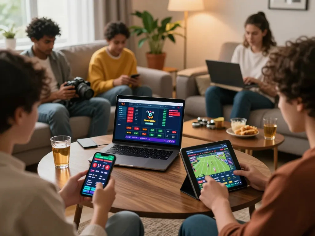 A group engaging with Fabet's online betting platform in a cozy living room, enhancing the gambling experience.