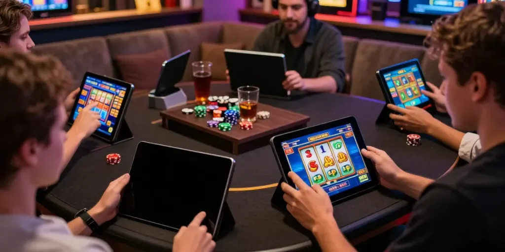 Exciting scene of players engaging with slot gacor games on devices in a modern lounge setting, showcasing vibrant graphics and a dynamic atmosphere.