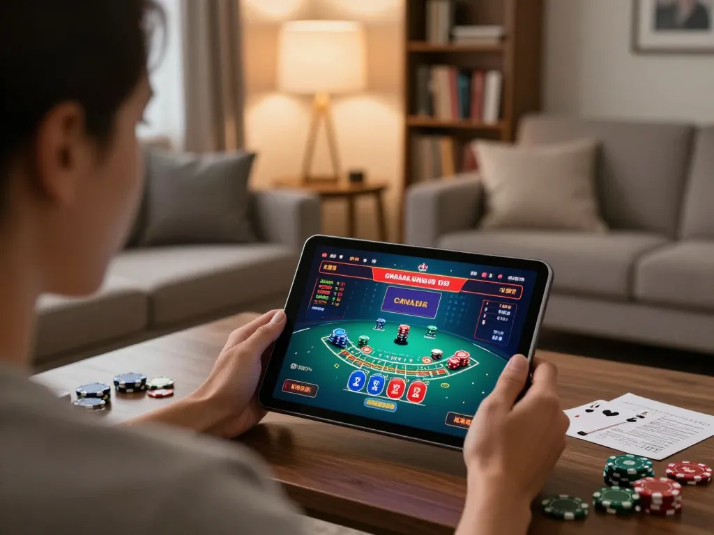 Engaged player participating in Canada online casinos with tablet at home, focusing on strategic game.