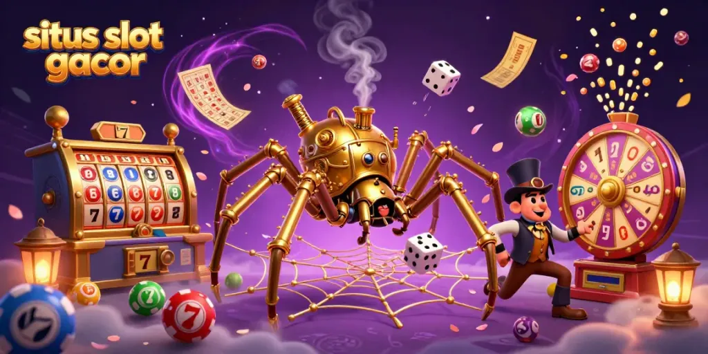 Menangkan jackpot dengan situs slot gacor, gambar ilustrasi 3D penuh detail dengan elemen kasino yang menarik.
