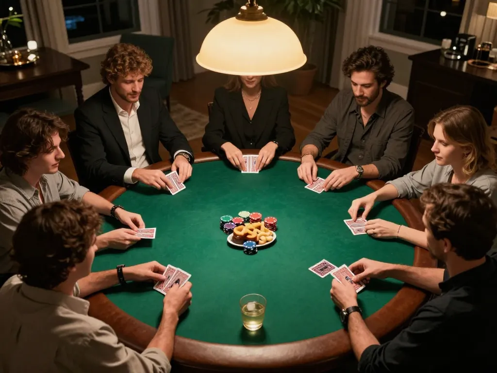 Nohu90 players enjoying a strategic poker game at home, capturing a cozy and competitive atmosphere.