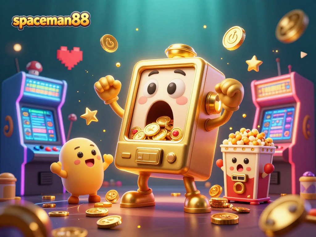 spaceman88 brings excitement with a golden slot machine hitting the jackpot amidst colorful casino elements.