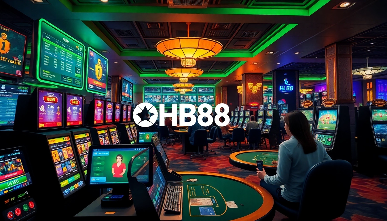 Dynamic HB88 online gambling scene with players engaged in casino games, showcasing trust and excitement.