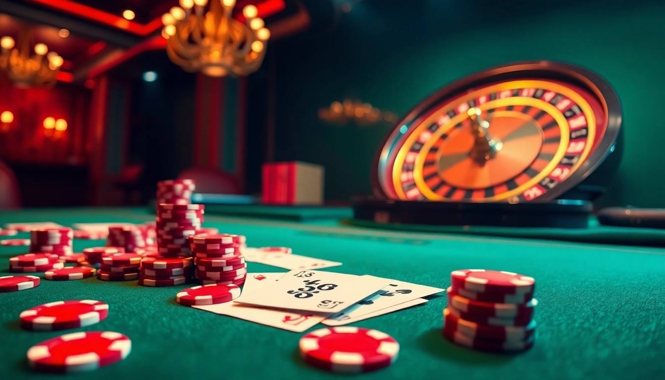 Engaging sbobet login indonesia on a luxurious casino table surrounded by vibrant poker chips and a roulette wheel.