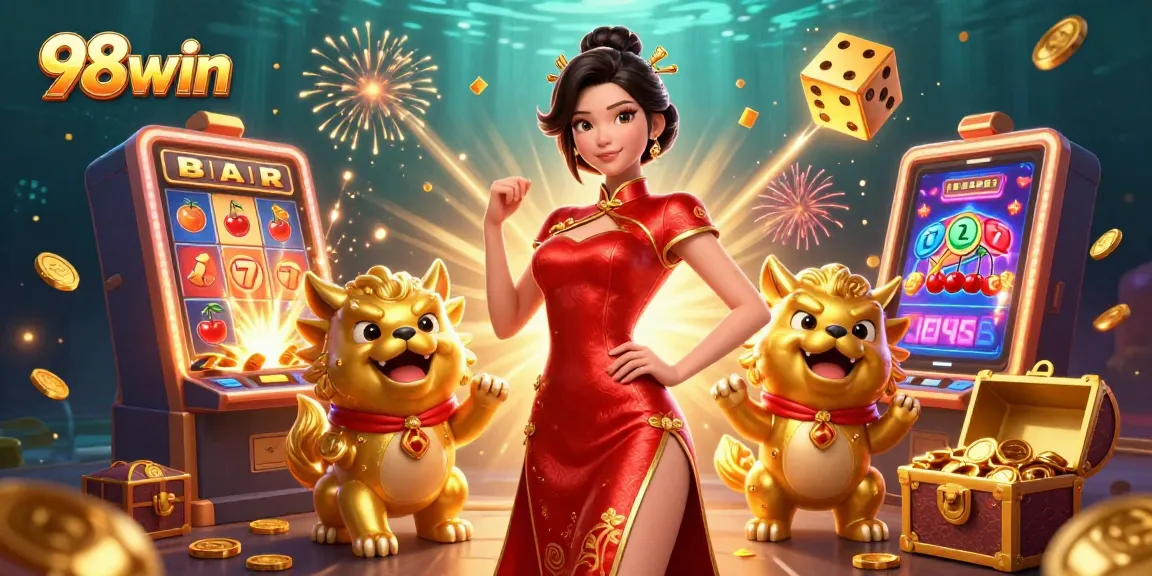 Experience thrilling wins with 98win's glamorous Asian casino dynamic illustration full of excitement and fortune.