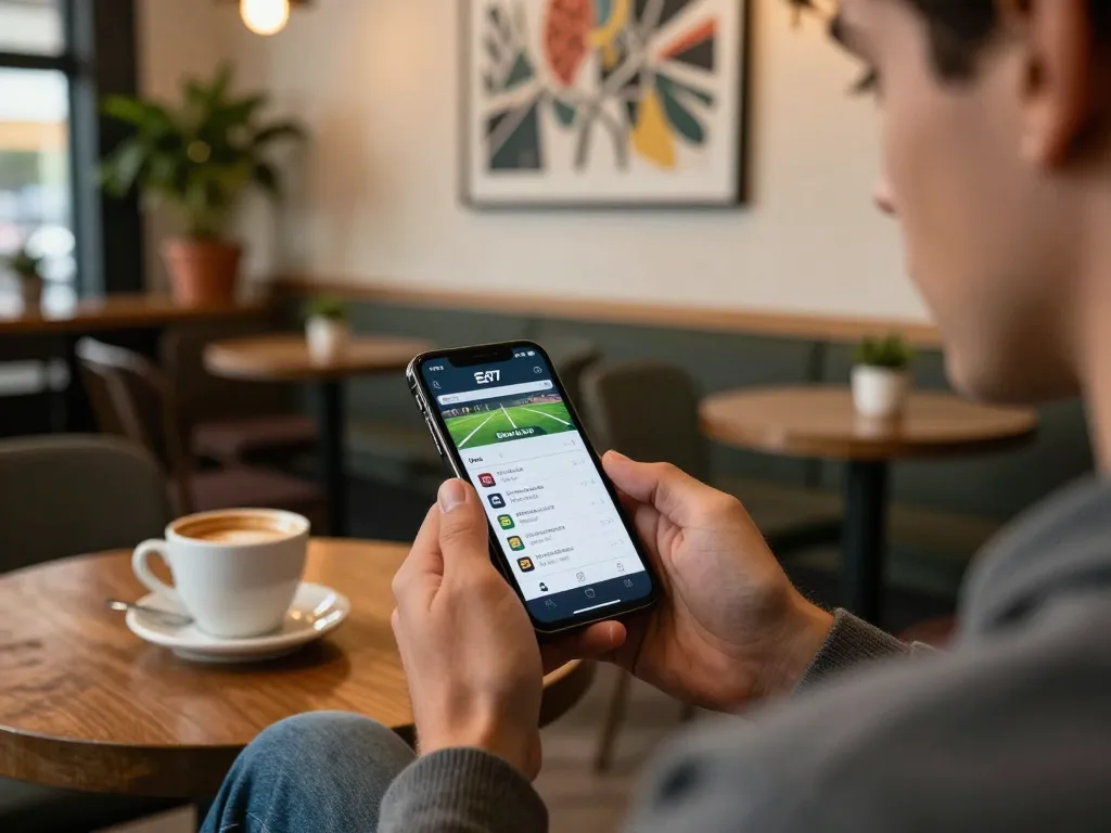 Engaging scenario of ea77 apps download showing a user placing live sports bets on a smartphone in a cozy coffee shop atmosphere.