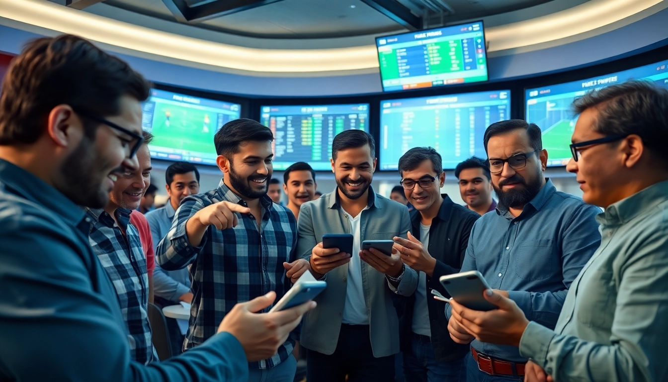 Engaged bettors analyzing kèo nhà cái in a vibrant sports lounge