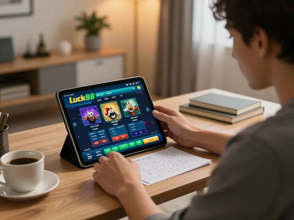 Engaging in luck88 games session on a tablet with strategic notes visible, illustrating online gambling excitement