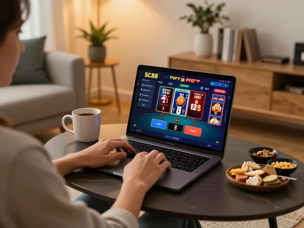 Engaged player using sc88e interface on laptop, enjoying online casino gaming in a cozy home setting
