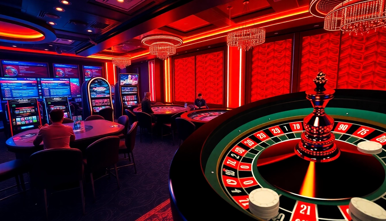 Players enjoying games at the MB66 online casino with vibrant poker chips and roulette wheels.