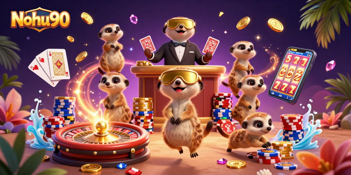 Nohu90 showcases a dynamic casino scene with meerkats engaging in gameplay, surrounded by golden coins and vibrant game elements.
