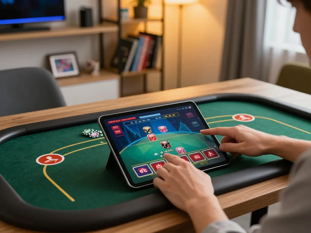 Play with Ethereum at home gaming setup with poker on tablet, modern ambiance, and strategic focus