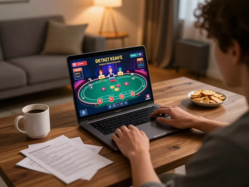 Xocdia88 user enjoying an engaging online poker game with strategic notes and snacks.