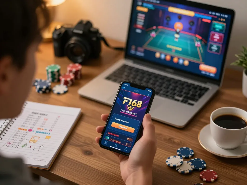 Engaging with the F168 casino app on a smartphone while planning betting strategies in a cozy home environment.