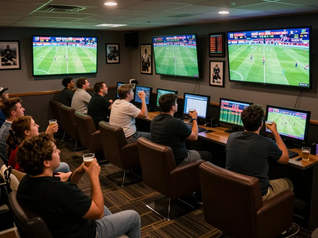 KQBD fans celebrating live football victories while placing bets in a vibrant sports betting lounge