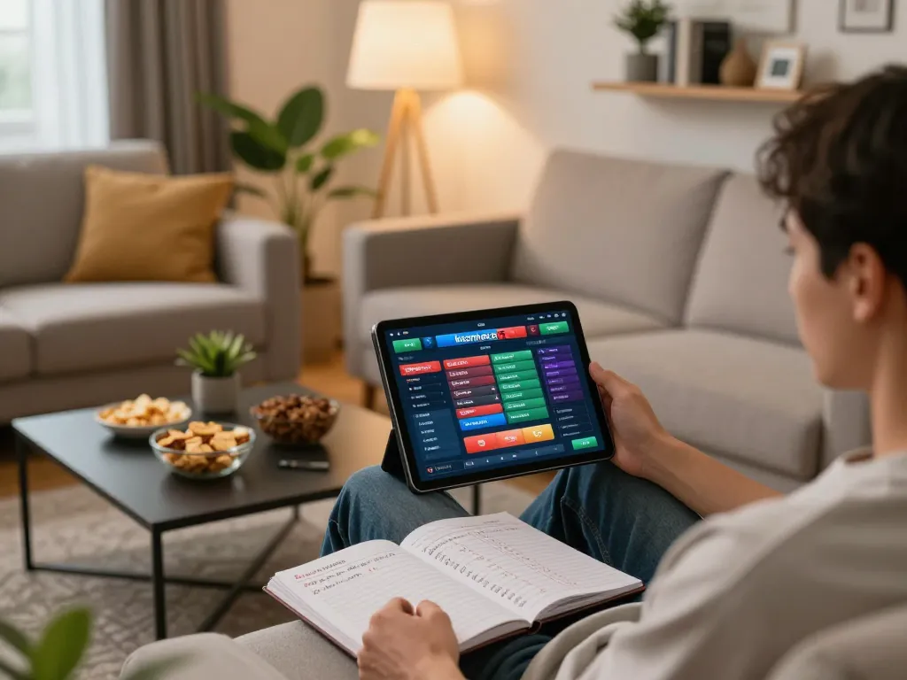 Playing on keonhacai5 using a tablet in a cozy home environment