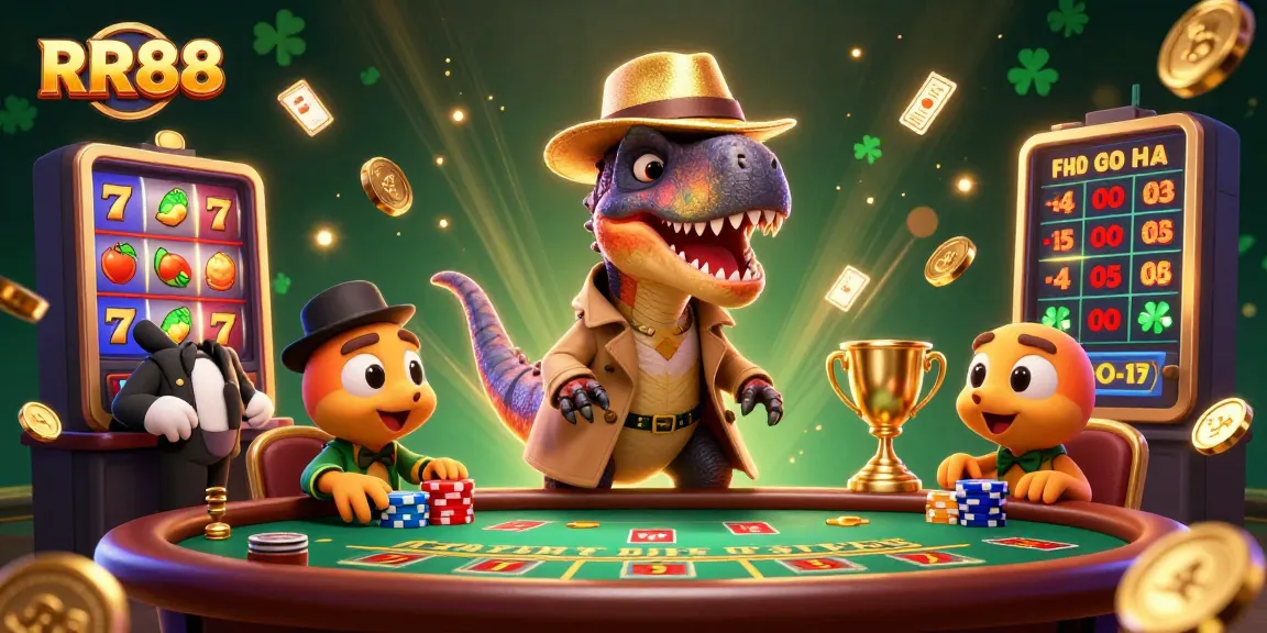 Engage in thrilling RR88 gaming as a velociraptor card counter interacts with a stegosaurus boss at a blackjack table.