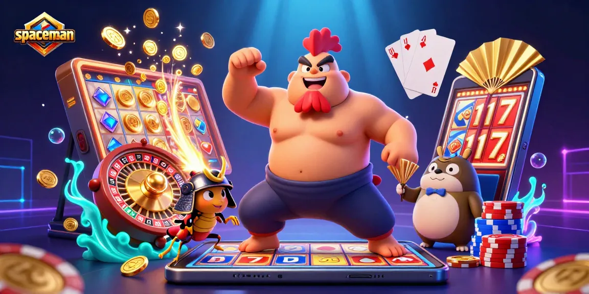 Engage with the spaceman in a vibrant 3D casino scene packed with slot reels, golden coins, and lively characters.