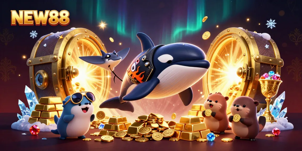 Engage with NEW88's vibrant online casino scene featuring fantastical characters and treasures.