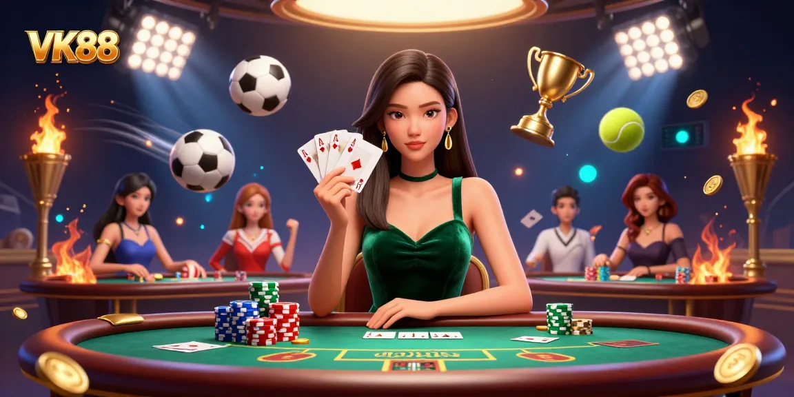 Engage with VK88's thrilling gameplay as a stunning woman strategizes at a poker table.