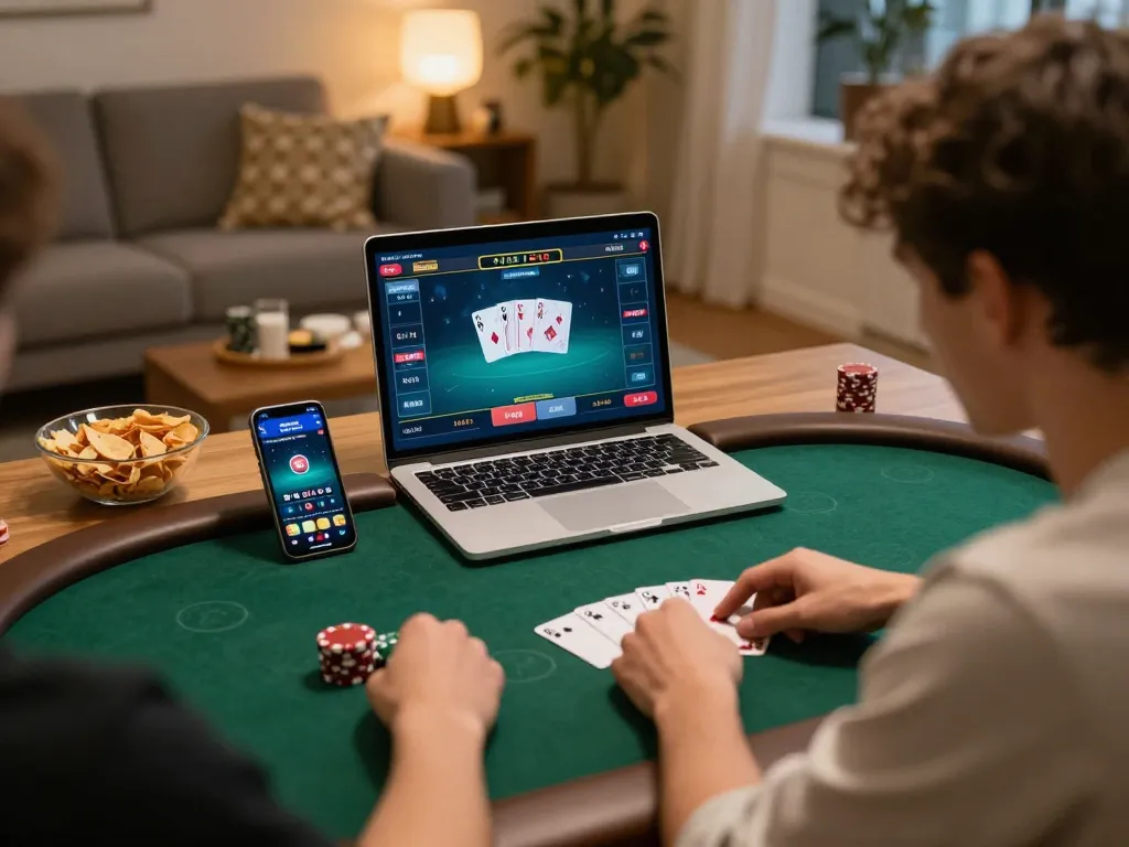 ta88 online poker setup with player engaging on laptop in a cozy home environment