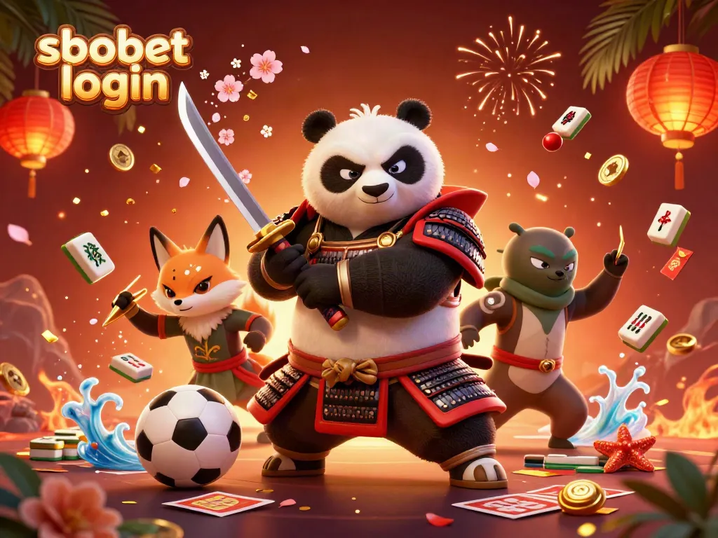 Engage in thrilling sbobet login action with a samurai panda and ninja fox amidst festive sports elements.