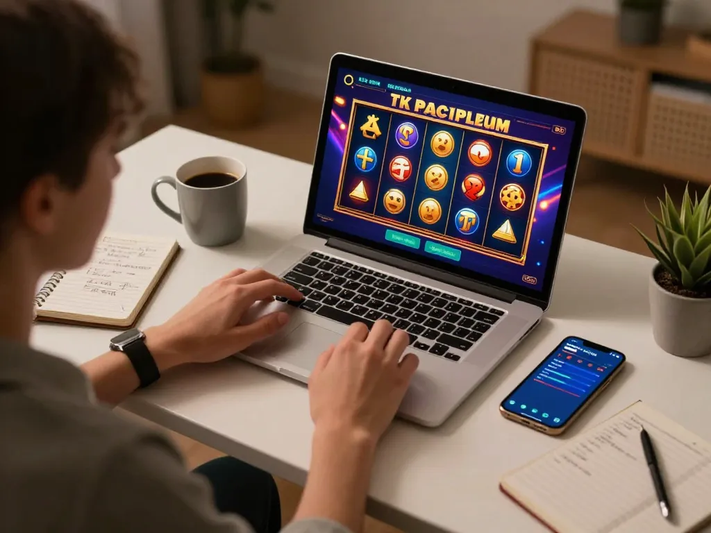 Player enjoys immersive online gaming experience with fabet on laptop, showcasing colorful slot interface.
