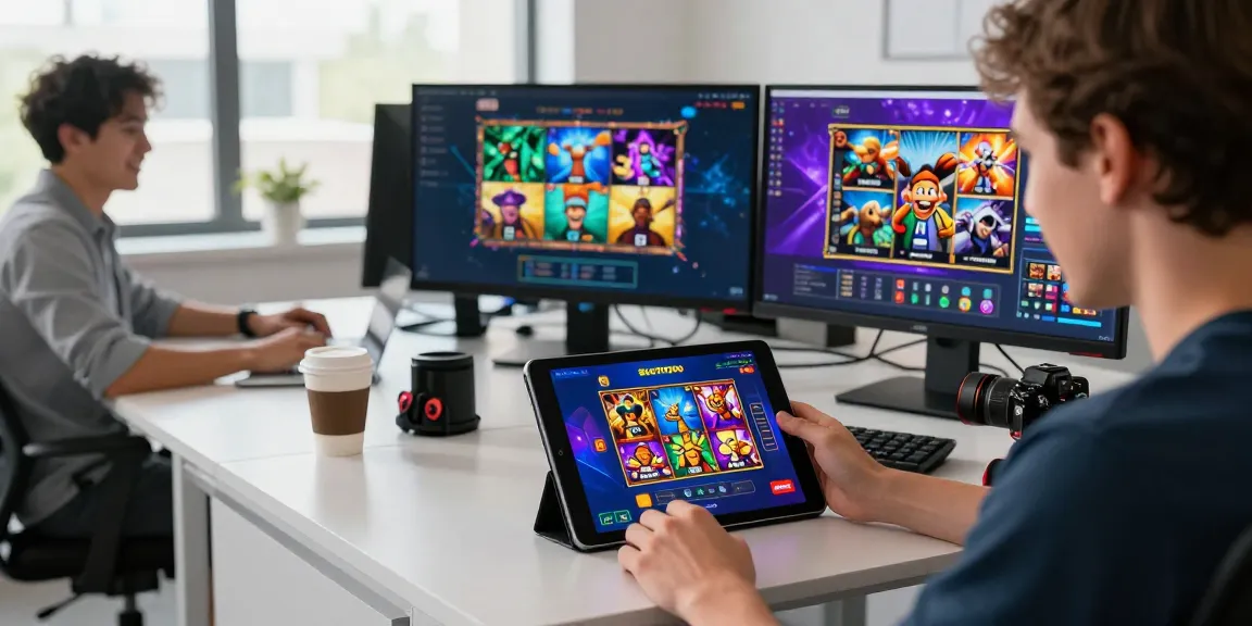 Engaged user exploring Slot7000 on a tablet in a vibrant tech workspace.