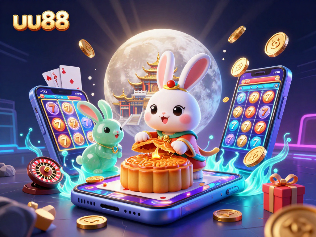uu88 intricately illustrates a moon rabbit pounding mooncakes revealing poker chips amidst vibrant casino elements.