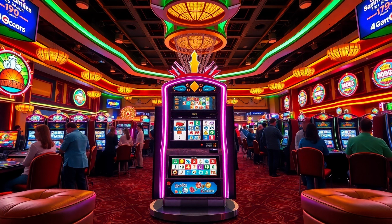 Permainan slot xgslot88 menarik dengan lampu berwarna-warni dan suasana kasino yang energik.