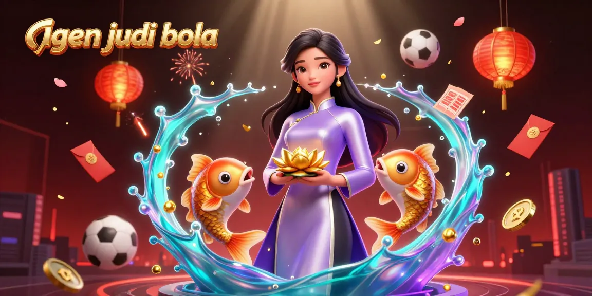 A captivating scene showcasing agen judi bola, featuring an elegant Asian woman surrounded by sports betting elements, gold koi fish, and festive decor.
