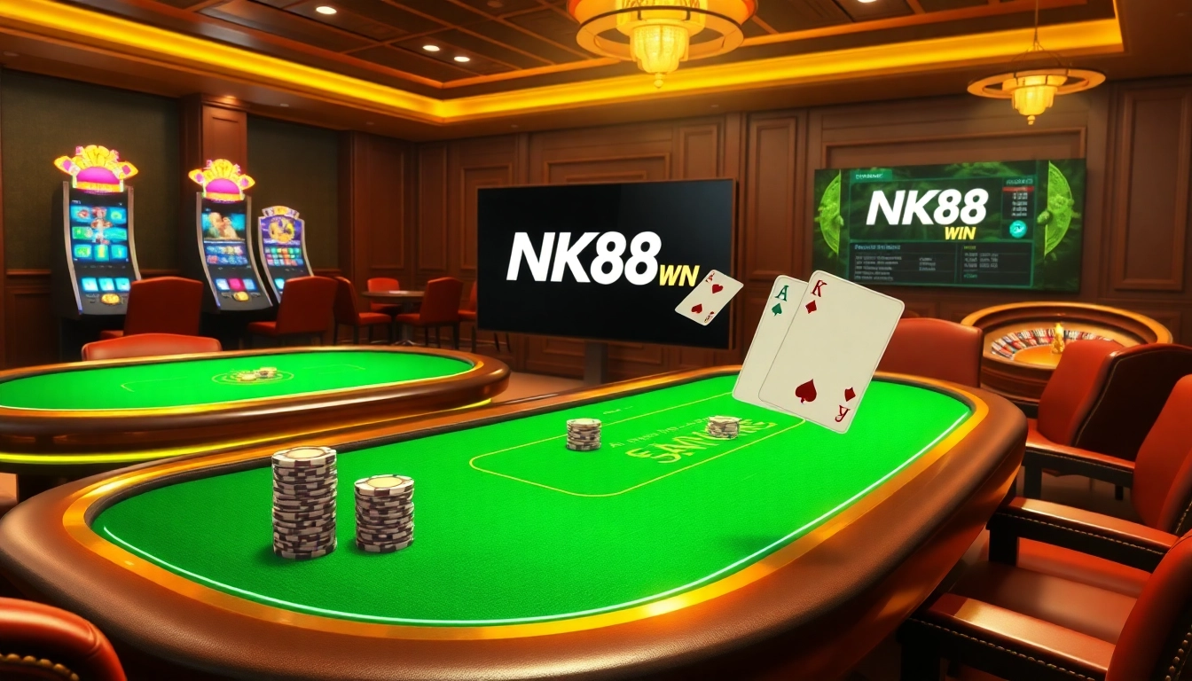 Exciting NK88 win casino scene with high-stakes poker chips and dynamic slot machines