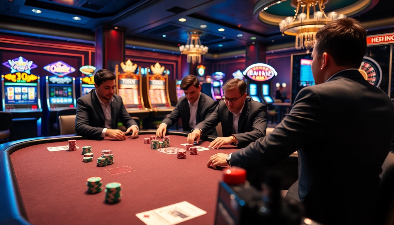 Exciting casino scene with poker players and slot machines at https://789win2.us.com/, embodying luxury and strategy.