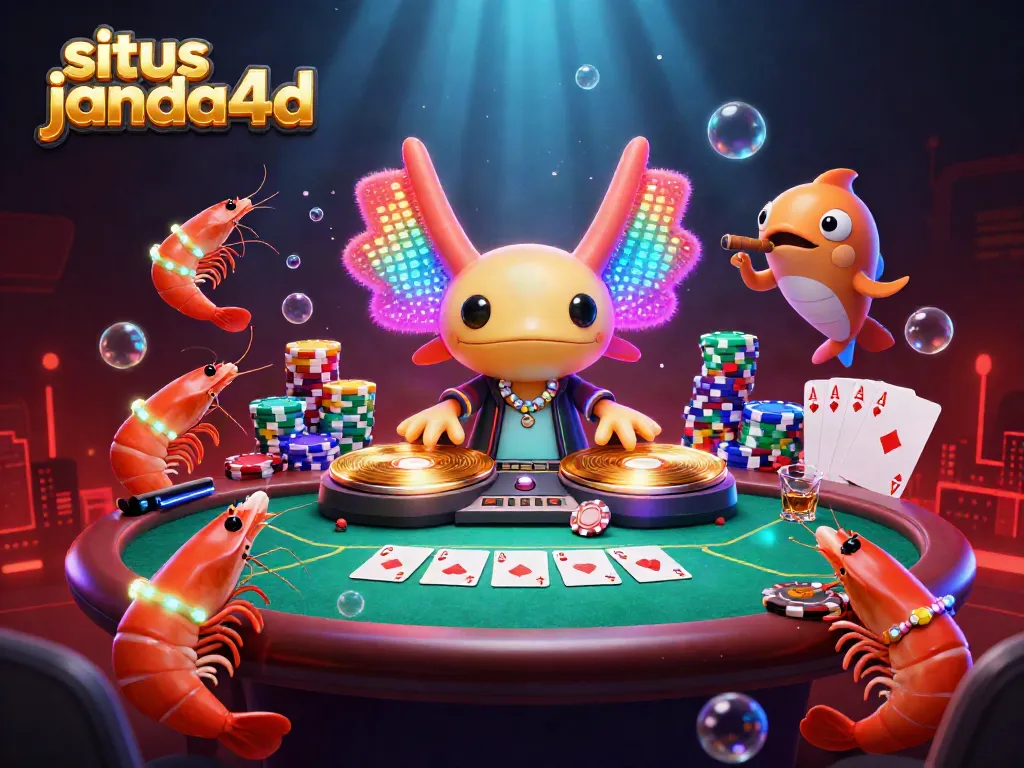 Gamer berinteraksi di situs janda4d dengan penuh warna dan simbol kasino yang bersinar.