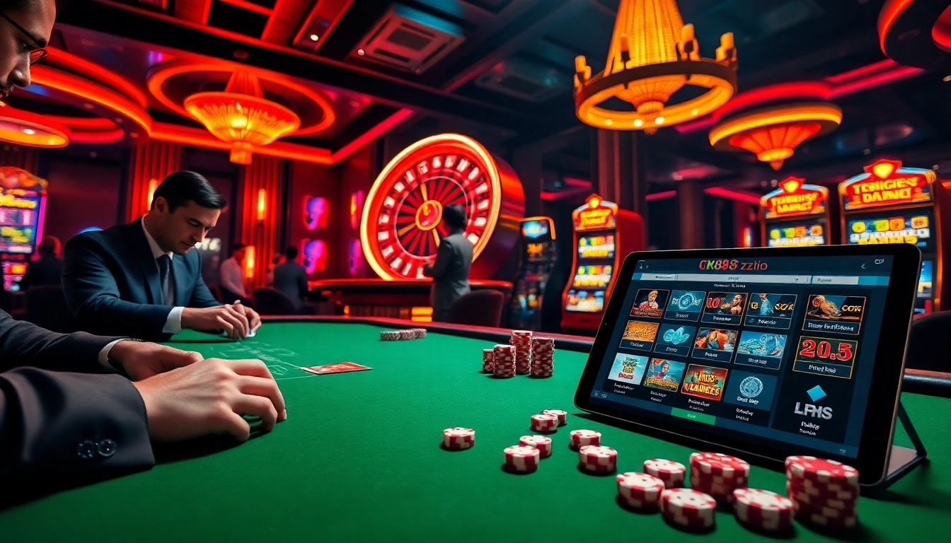 Gamblers enjoying a vibrant casino scene at https://nk88zz.bio/ with poker tables, roulette wheels, and slot machines.
