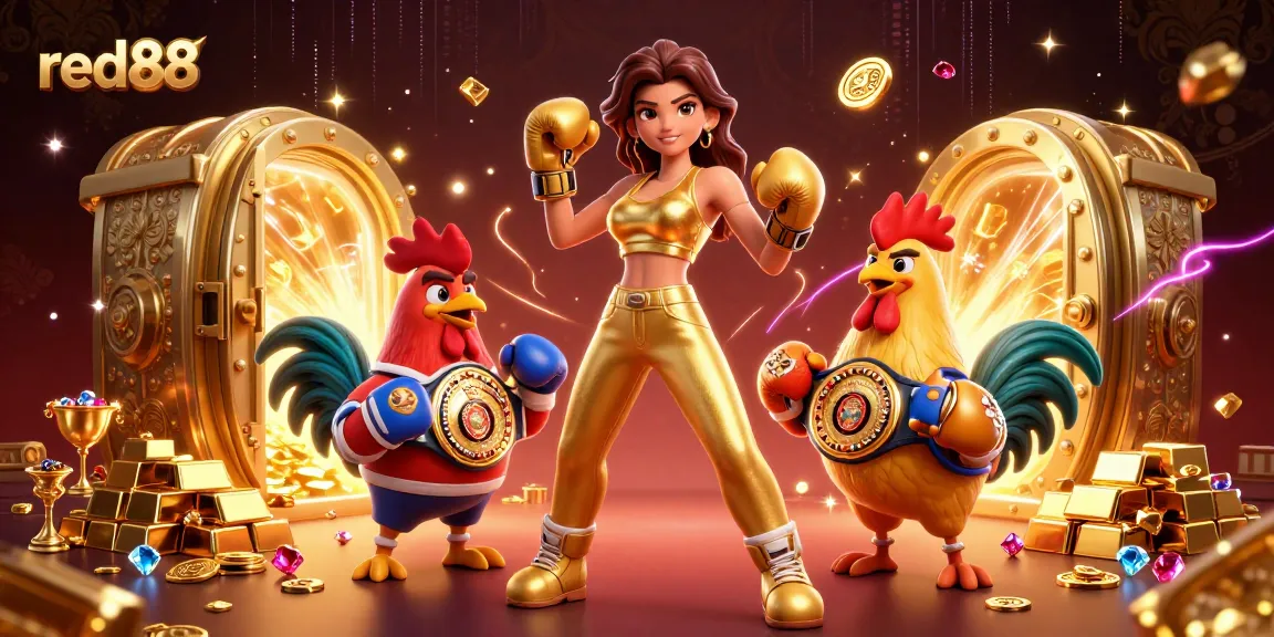 Engage in thrilling gameplay with red88's vibrant casino illustration showcasing dynamic characters and opulent treasures.