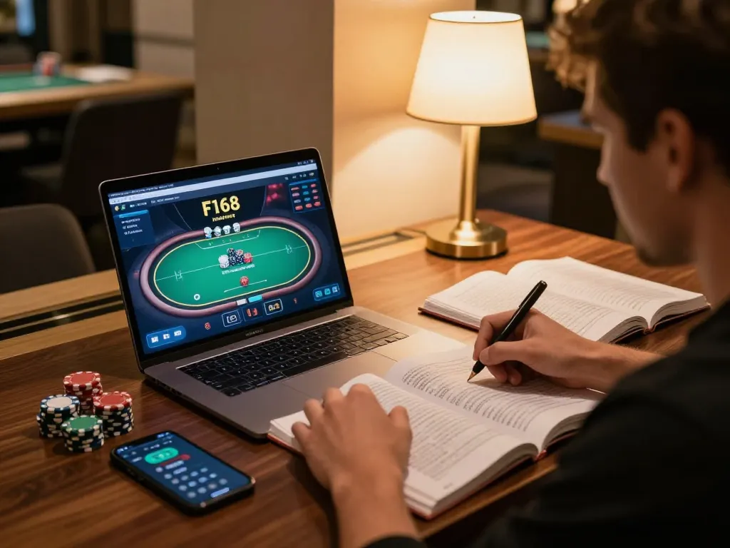 Player managing their strategy for poker on F168, laptop displaying game interface, notes visible.
