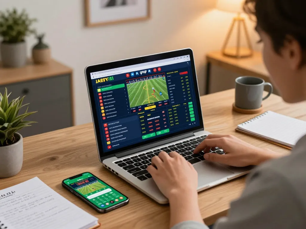 bsport sports betting scene at home, showing a focused player analyzing live match odds on their laptop