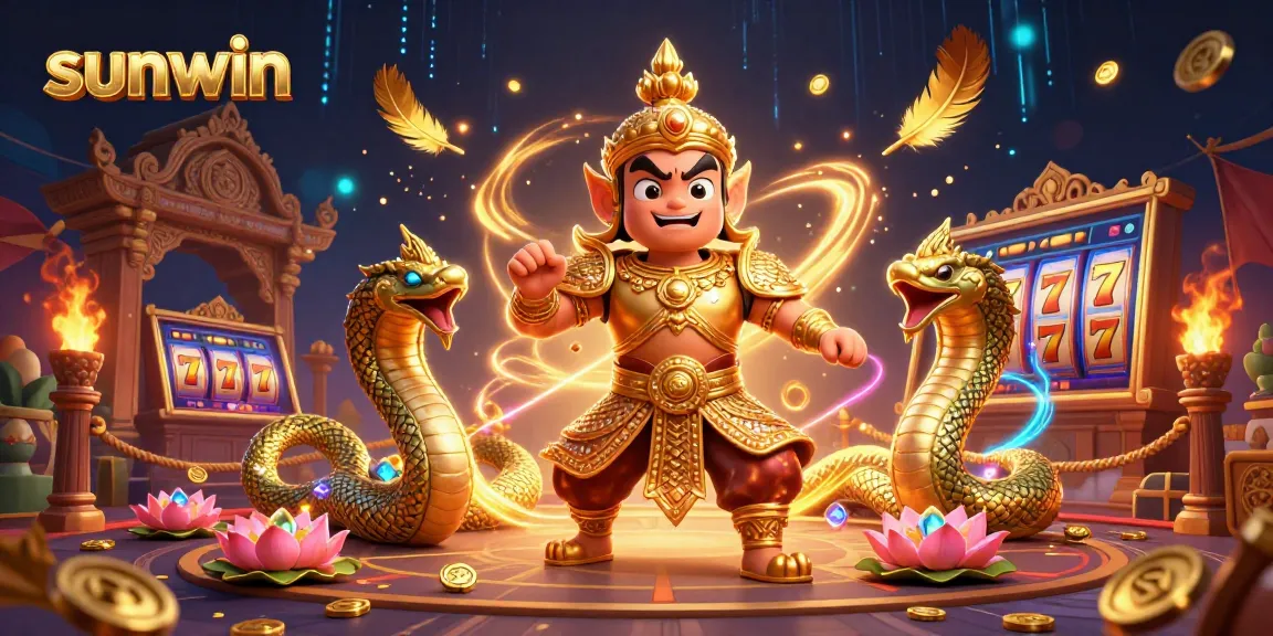 Experience thrilling slots with sunwin's vibrant 3D illustration featuring a guardian and Naga serpents.