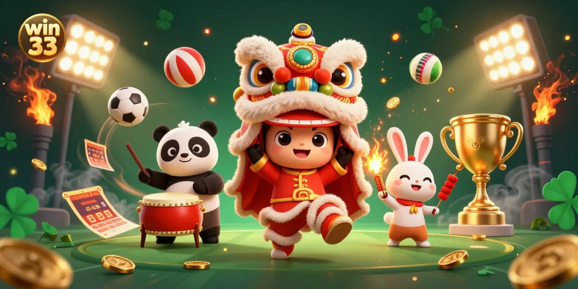 Join the thrilling fun at win 33 with dynamic sports elements and a vibrant illustration.