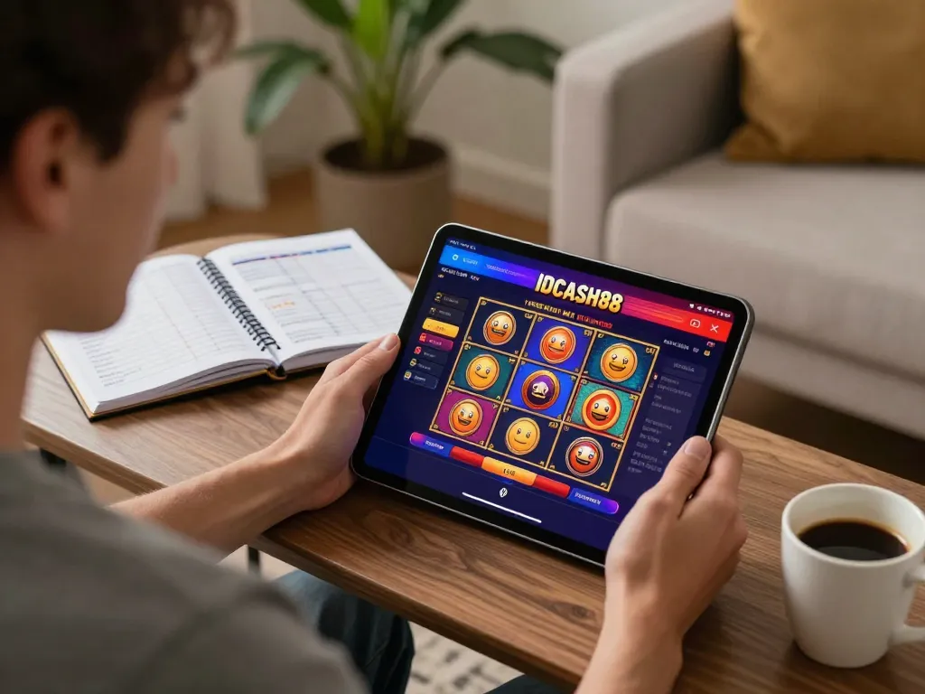 Engaging in IDCASH88 online slots on a tablet at home emphasizes strategic gambling.