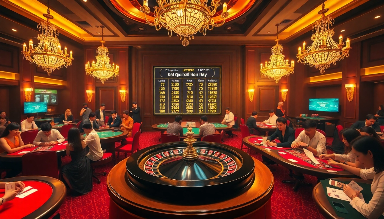 Kết quả xổ số hôm nay showcased in a luxurious casino atmosphere with exciting players and casino tables.